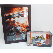 Kit 1 Quadro decorativo + 1 Miniatura 1/18 H-D 1953 74FL Hydra Glide Dourado com caixa Harley-Davidson