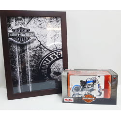 Kit 1 Quadro decorativo + 1 Miniatura 1/18 H-D 1958 FLH DUO Glide Azul com caixa Harley-Davidson