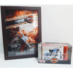 Kit 1 Quadro decorativo + 1 Miniatura 1/18 H-D 1958 FLH DUO Glide Azul com caixa Harley-Davidson