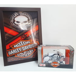 Kit 1 Quadro decorativo + 1 Miniatura 1/18 H-D 1966 FLH Electra Glide 66 Branco com caixa Harley-Davidson