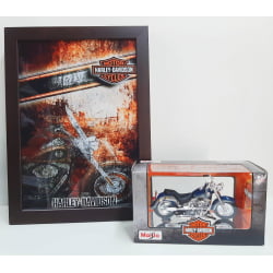 Kit 1 Quadro decorativo + 1 Miniatura 1/18 H-D 1998 FLSTF Fat Boy Azul com caixa Harley-Davidson