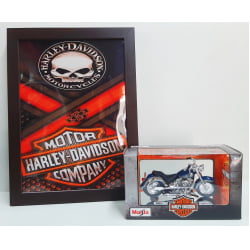 Kit 1 Quadro decorativo + 1 Miniatura 1/18 H-D 1998 FLSTF Fat Boy Azul com caixa Harley-Davidson