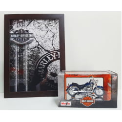 Kit 1 Quadro decorativo + 1 Miniatura 1/18 H-D 1998 FLSTF Fat Boy Azul com caixa Harley-Davidson