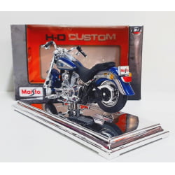 Kit 1 Quadro decorativo + 1 Miniatura 1/18 H-D 1998 FLSTF Fat Boy Azul com caixa Harley-Davidson