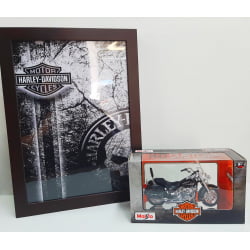 Kit 1 Quadro decorativo + 1 Miniatura 1/18 H-D 2000 FLSTC Heritage Softail Classic Preto com caixa Harley-Davidson