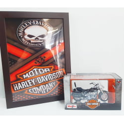 Kit 1 Quadro decorativo + 1 Miniatura 1/18 H-D 2000 FLSTC Heritage Softail Classic Preto com caixa Harley-Davidson