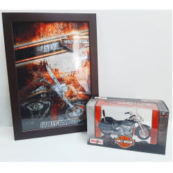 Kit 1 Quadro decorativo + 1 Miniatura 1/18 H-D 2000 FLSTC Heritage Softail Classic Preto com caixa Harley-Davidson