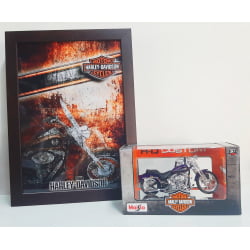 Kit 1 Quadro decorativo + 1 Miniatura 1/18 H-D 2001 FXSTS Springer Softail Roxo com caixa Harley-Davidson