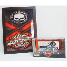 Kit 1 Quadro decorativo + 1 Miniatura 1/18 H-D 2002 FLTR Road Glide Prata com caixa Harley-Davidson