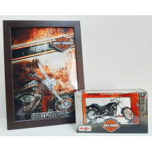 Kit 1 Quadro decorativo + 1 Miniatura 1/18 H-D 2002 FXSTB Night Train 02 Preto com caixa Harley-Davidson