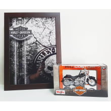 Kit 1 Quadro decorativo + 1 Miniatura 1/18 H-D 2004 FLSTFI Fat Boy Preto com caixa Harley-Davidson