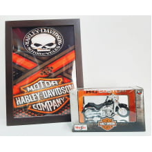 Kit 1 Quadro decorativo + 1 Miniatura 1/18 H-D 2004 FLSTFI Fat Boy Preto com caixa Harley-Davidson