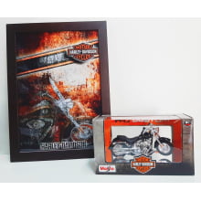 Kit 1 Quadro decorativo + 1 Miniatura 1/18 H-D 2004 FLSTFI Fat Boy Preto com caixa Harley-Davidson