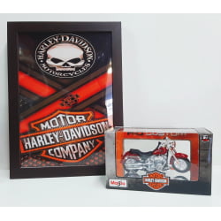 Kit 1 Quadro decorativo + 1 Miniatura 1/18 H-D 2004 FLSTFI Fat Boy Vermelho com caixa Harley-Davidson