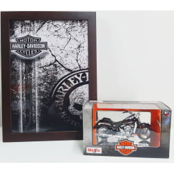 Kit 1 Quadro decorativo + 1 Miniatura 1/18 H-D 2005 FLSTCI Softail Springer Classic Marrom com caixa Harley-Davidson