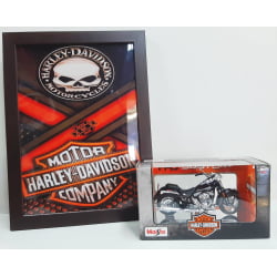 Kit 1 Quadro decorativo + 1 Miniatura 1/18 H-D 2005 FLSTCI Softail Springer Classic Marrom com caixa Harley-Davidson