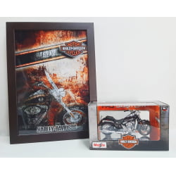 Kit 1 Quadro decorativo + 1 Miniatura 1/18 H-D 2005 FLSTCI Softail Springer Classic Marrom com caixa Harley-Davidson