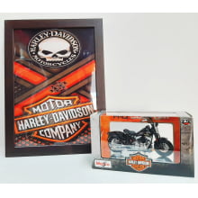 Kit 1 Quadro decorativo + 1 Miniatura 1/18 H-D 2008 FLSTSB Cross Bones Preto com caixa Harley-Davidson