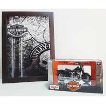 Kit 1 Quadro decorativo + 1 Miniatura 1/18 H-D 2008 FLSTSB Cross Bones Preto com caixa Harley-Davidson