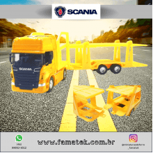 Miniatura de Ferro Cegonha Scannia Toco V8 R730 Amarelo Escala 1/64