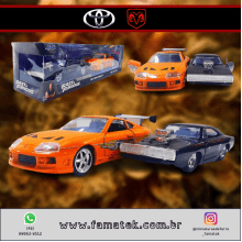 Miniaturas de Ferro Dodge Charger R/T Preto do Toretto e Toyota Supra do Brian Escala  1/32 Velozes e Furiosos