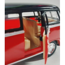 Miniatura de Ferro Volks 1962 Kombi Clássica Corujinha Vermelho com preto Escala 1/32