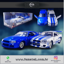 Miniaturas de Ferro Skyline GT-R [BNR34] Prata e Azul do Brian Escala  1/32 Velozes e Furiosos