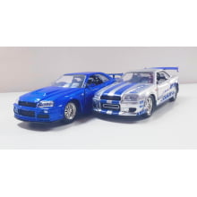 Miniaturas de Ferro Skyline GT-R [BNR34] Prata e Azul do Brian Escala  1/32 Velozes e Furiosos