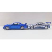 Miniaturas de Ferro Skyline GT-R [BNR34] Prata e Azul do Brian Escala  1/32 Velozes e Furiosos