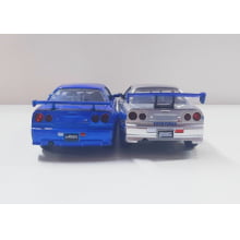 Miniaturas de Ferro Skyline GT-R [BNR34] Prata e Azul do Brian Escala  1/32 Velozes e Furiosos