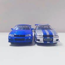 Miniaturas de Ferro Skyline GT-R [BNR34] Prata e Azul do Brian Escala  1/32 Velozes e Furiosos