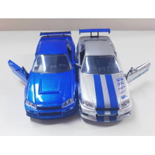 Miniaturas de Ferro Skyline GT-R [BNR34] Prata e Azul do Brian Escala  1/32 Velozes e Furiosos